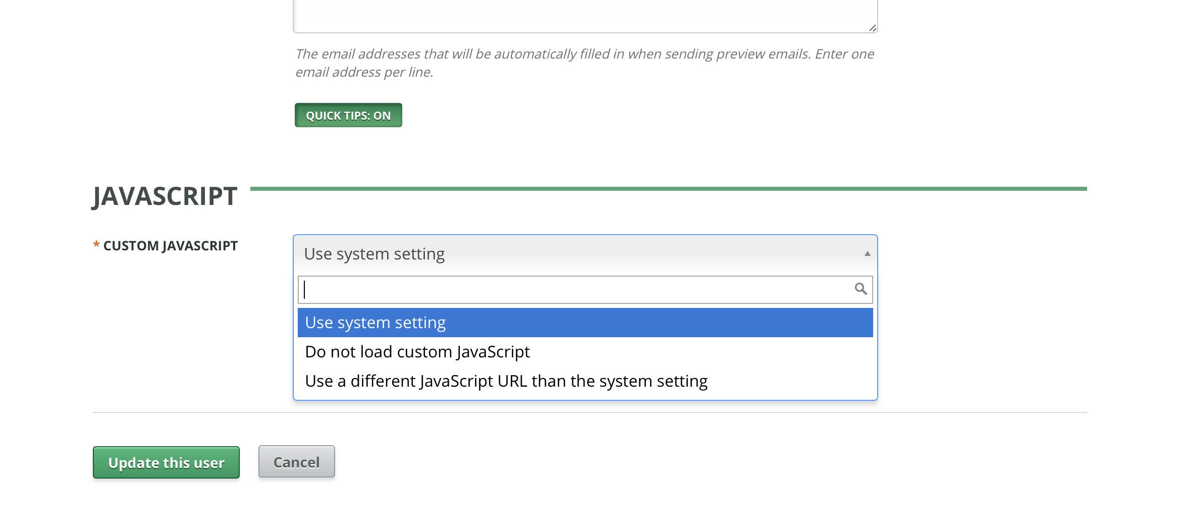 Disabling JavaScript for a System Administrator